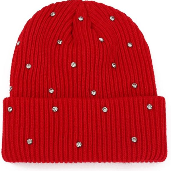 Women's Knit Beanie Hat Soft Slouchy Warm Cuffed Beanie Hat with Rhinestones Winter Hats for Women Skull Cap