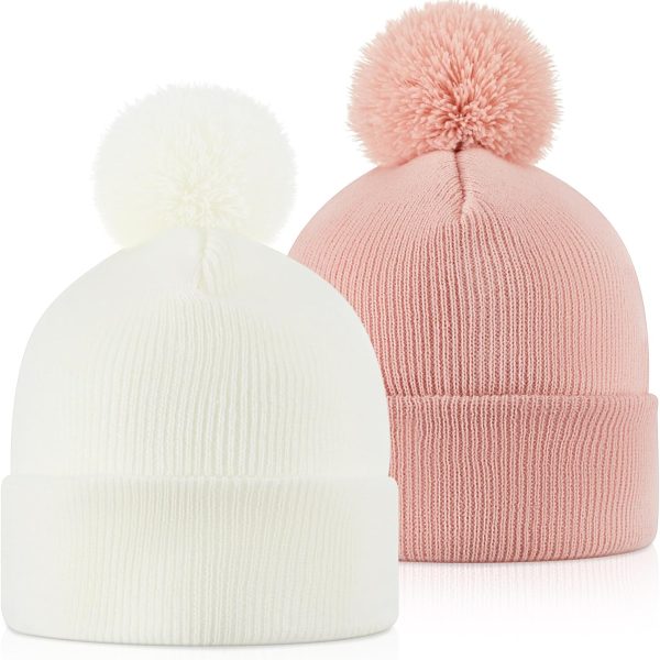 2 Pcs Pom Beanie Hat Men Women Winter Hat Pom Knit Cap Beanies with Ball at Top Acrylic Winter Cap with Cuff
