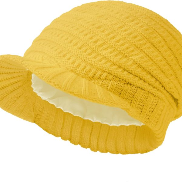 Women Satin Lined Winter Knit Hat with Visor Newsboy Cap Slouchy Beanie Cap Warm Winter Hat