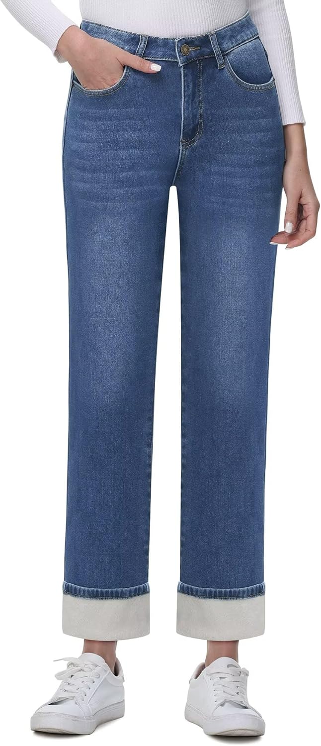 Women's Fleece Lined Jeans Women Straight Leg Winter Fleece Lined Pants High Waist Lined Jeans Heated Wide Leg Jeans