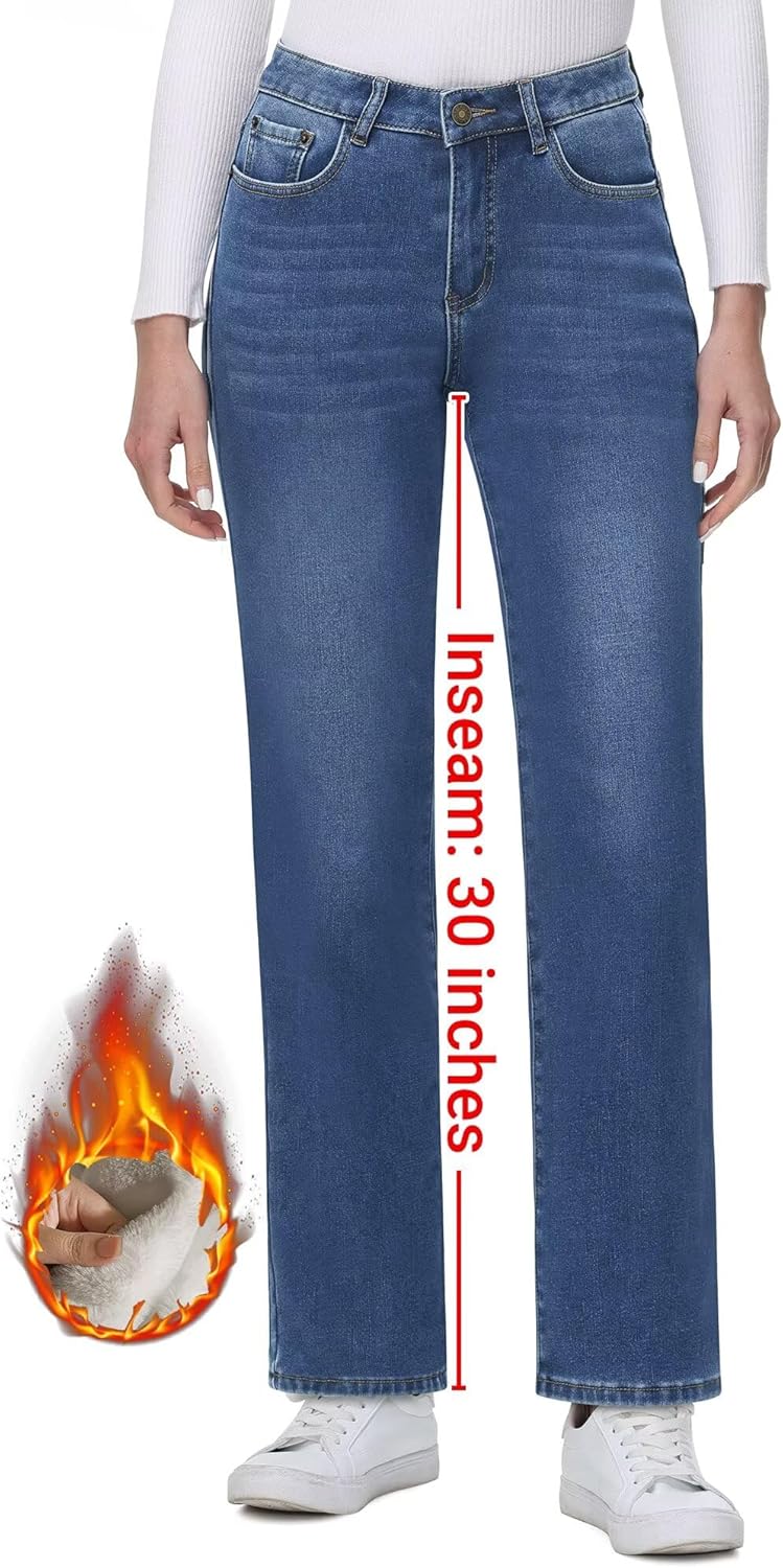 Women's Fleece Lined Jeans Women Straight Leg Winter Fleece Lined Pants High Waist Lined Jeans Heated Wide Leg Jeans - Image 2