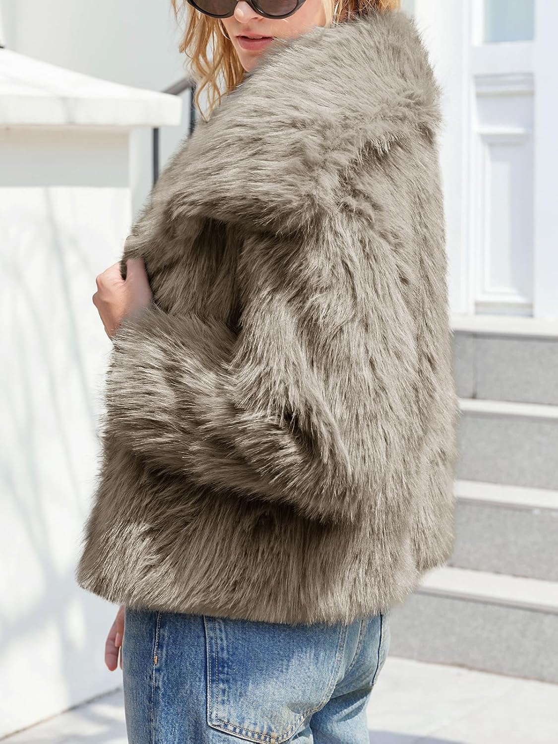 Womens Winter Faux Fur Jackets Fleece Long Sleeve Cropped Shaggy Coats Open Front Warm Outerwear - Image 2